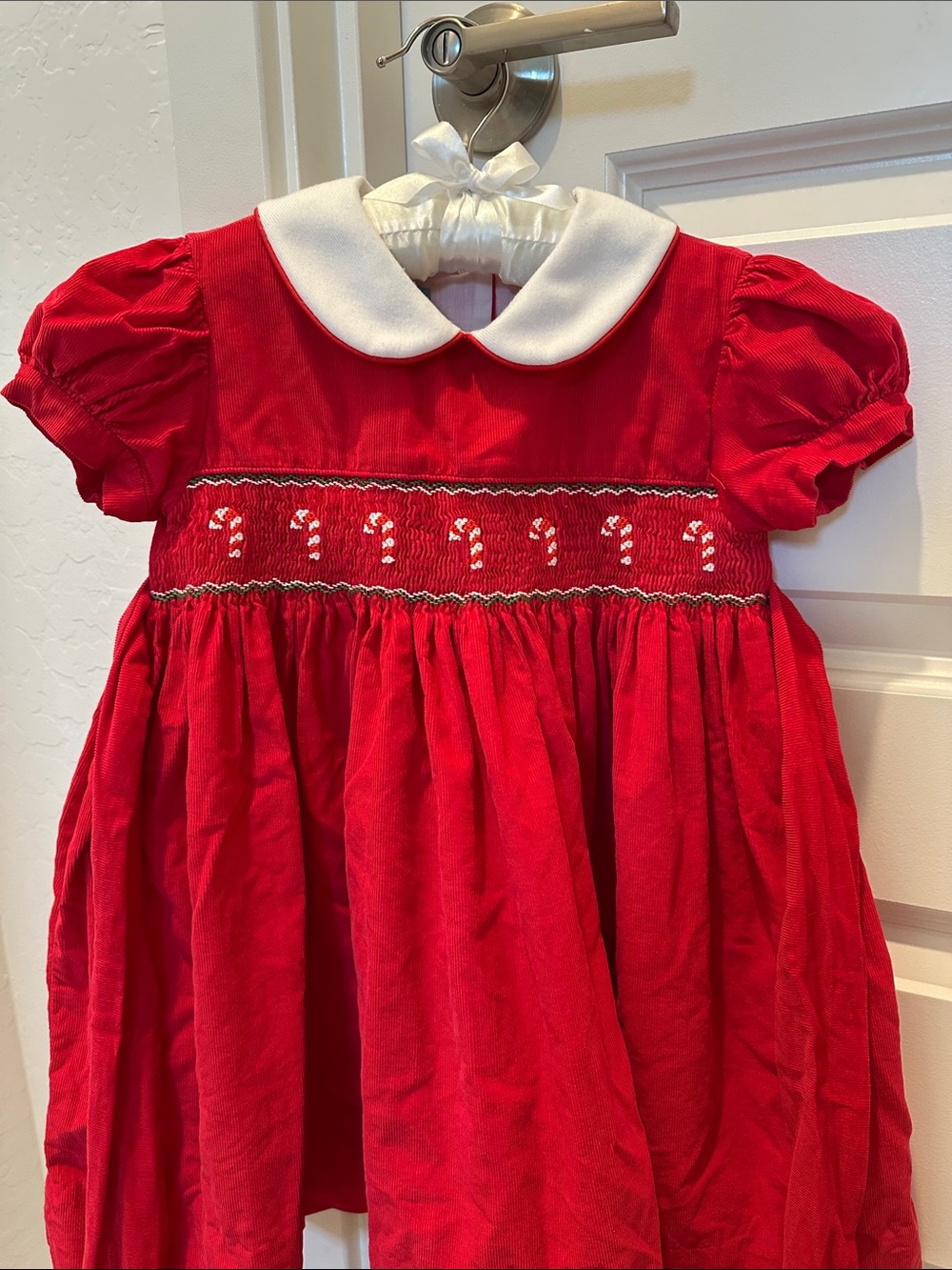Anavini Red Candy Cane Smocked Peter Pan Collar Kids Dress